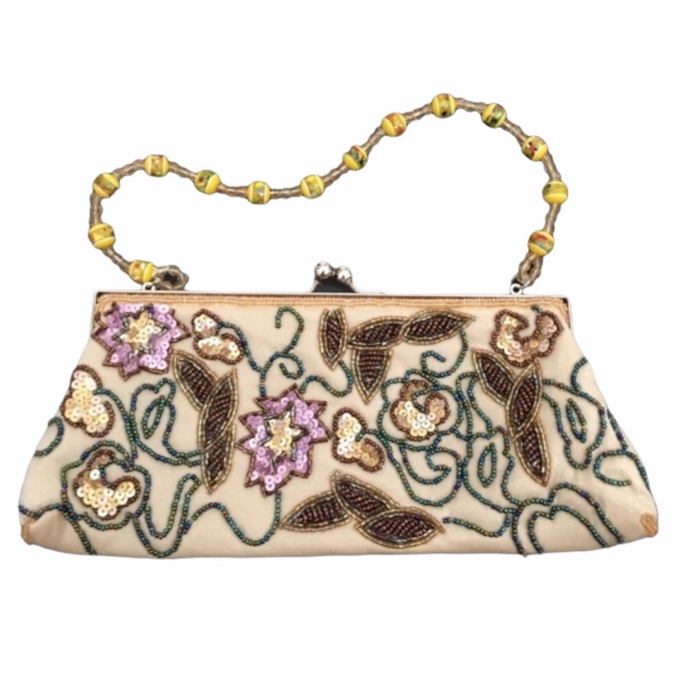 NWOT Vintage Cream Satin Beaded Clutch | Iridescent Floral Evening Bag